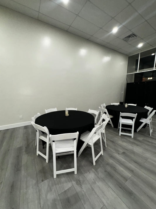 Premium Tables & Chairs (No Tablecloths) – 21 Tables + 125 Chairs