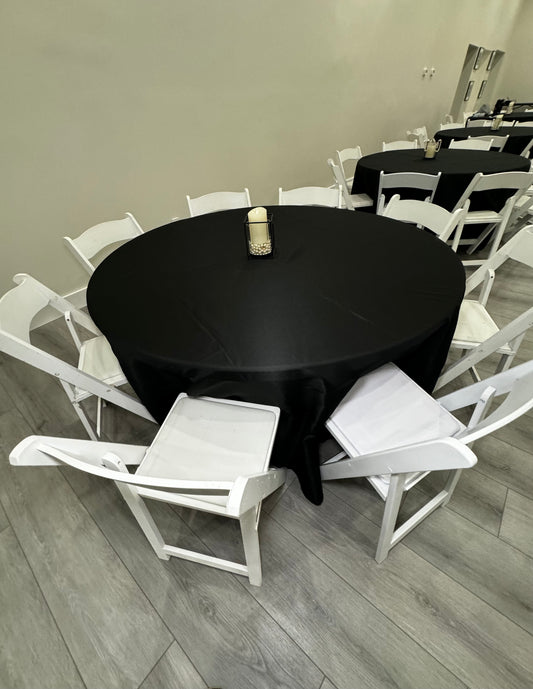 Basic Tables & Chairs with Tablecloths – 8 Tables + 50 Chairs