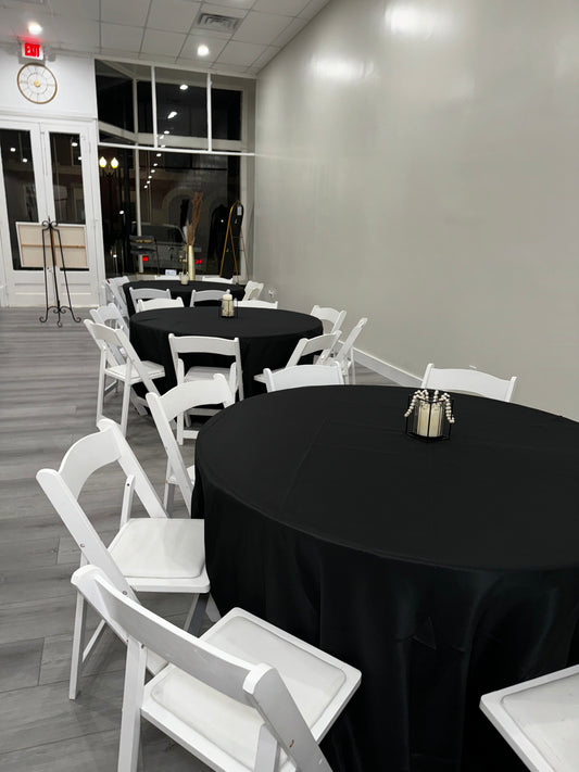 Standard Tables & Chairs (No Tablecloths) – 16 Tables + 100 Chairs