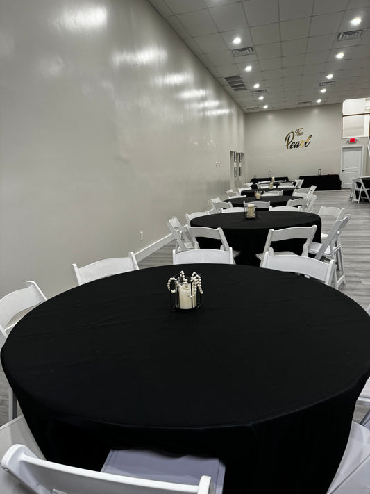 Deluxe Tables & Chairs (No Tablecloths) – 25 Tables + 150 Chairs